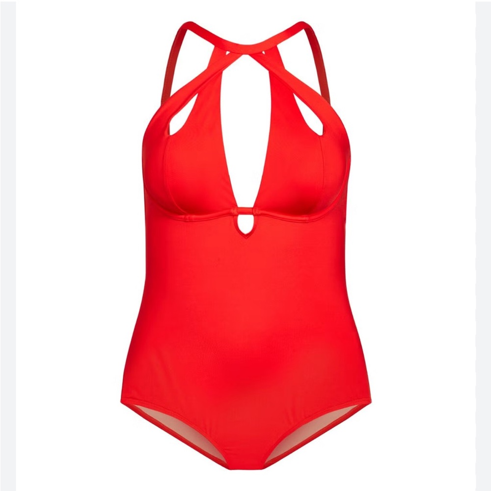 City Chic Red One-Piece Cutout Halter Swimsuit